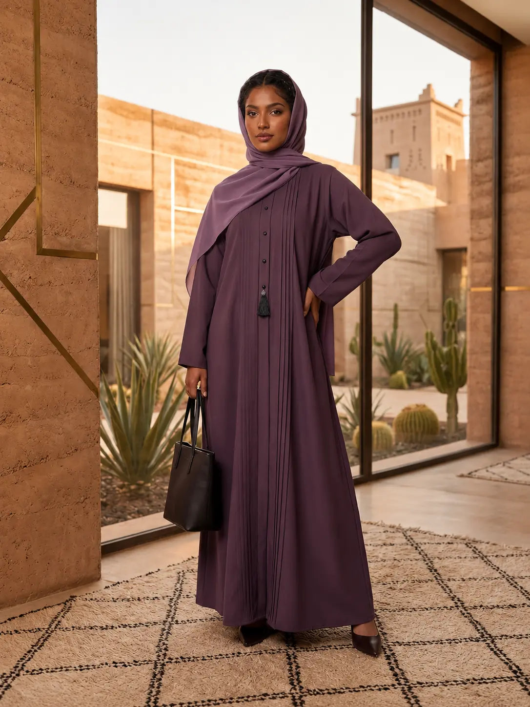 Dusty Plum Pintuck Abaya with Tassel Buttons-Tiptop Fabric