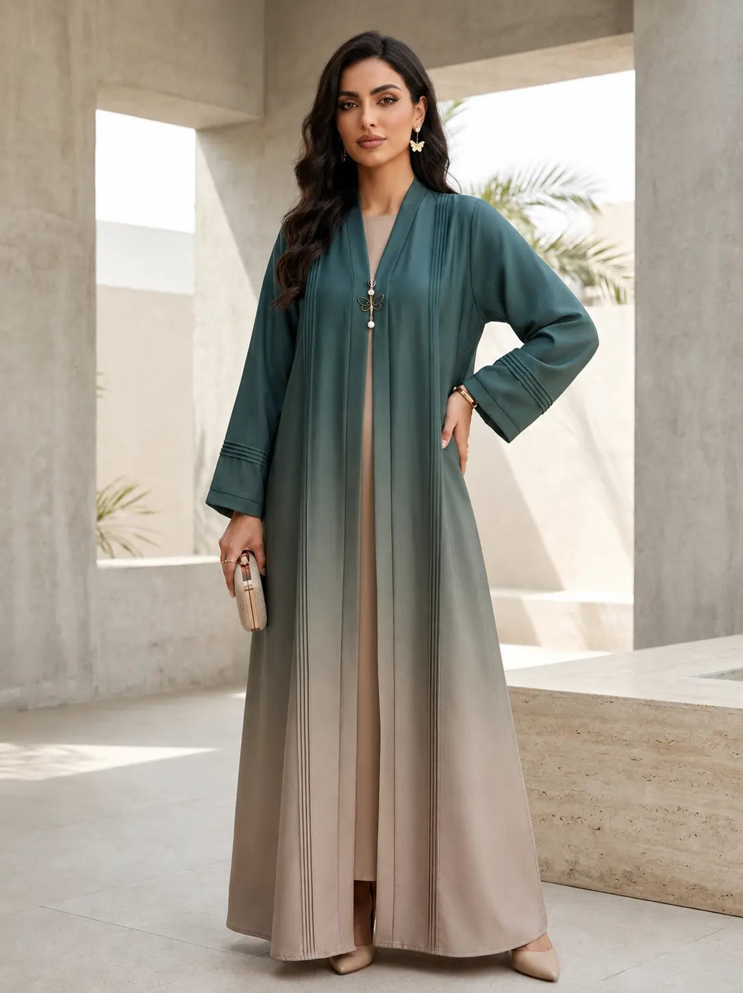 Teal Ombré Open Abaya with Butterfly Brooch-TipTop Fabric (Dual Tone)