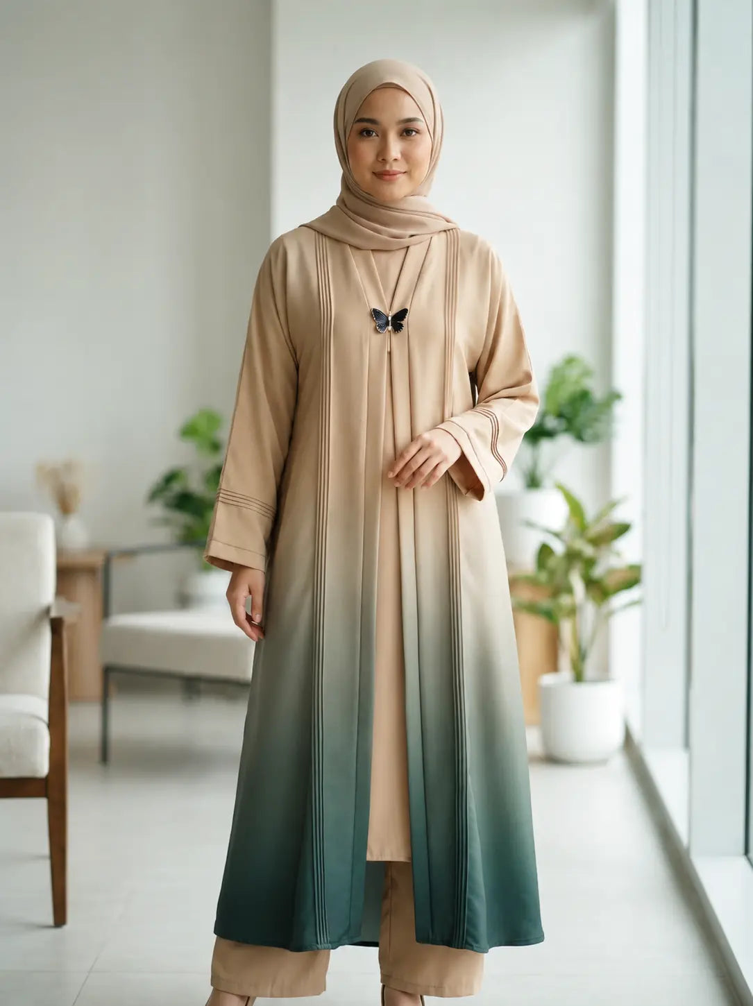 Desert Dawn Ombré Abaya – Sand & Emerald -TipTop Fabric (Dual Tone)