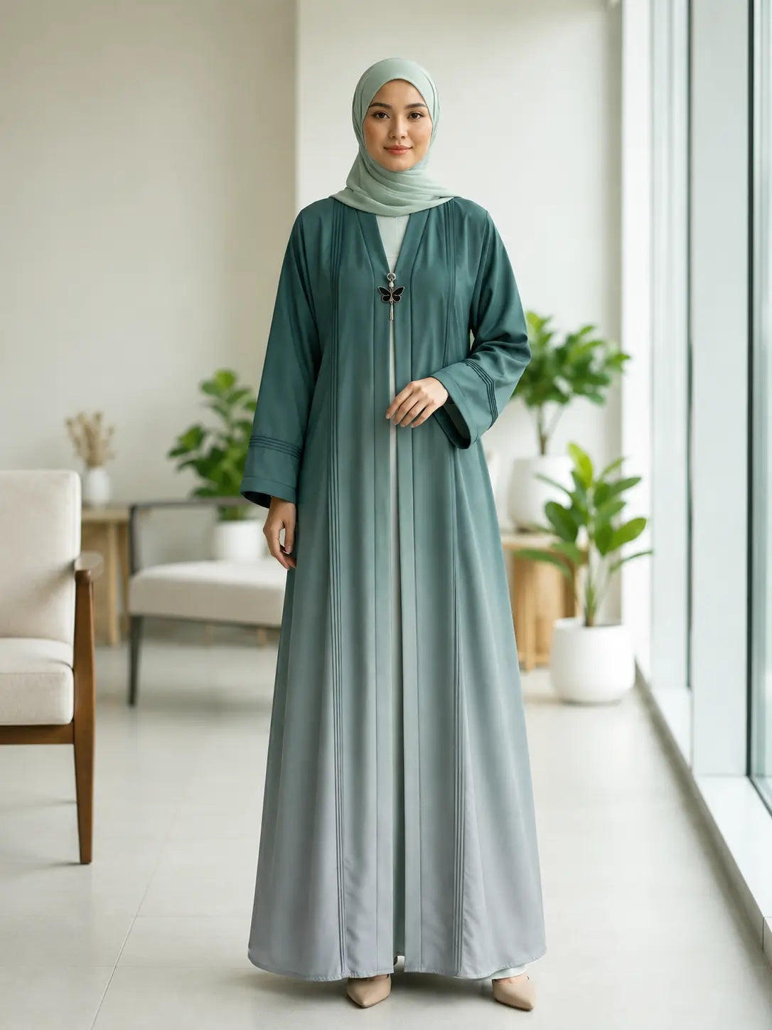 Emerald Mist Ombré Abaya – Green & Grey(Dual Tone)
