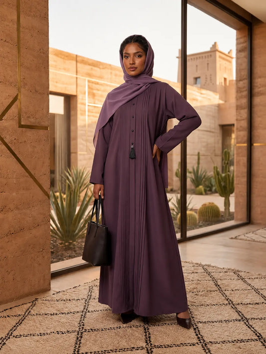 Dusty Plum Pintuck Abaya with Tassel Buttons-Tiptop Fabric