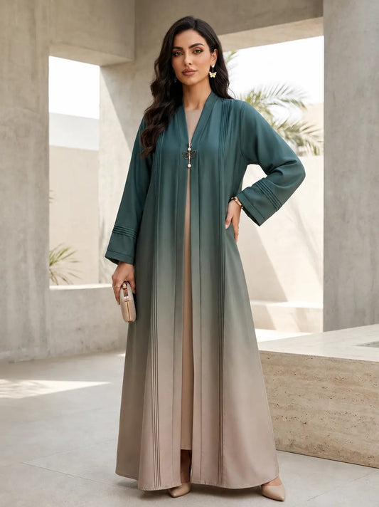 Teal Ombré Open Abaya with Butterfly Brooch-TipTop Fabric (Dual Tone)