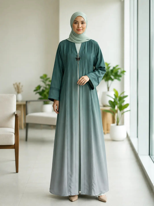 Emerald Mist Ombré Abaya – Green & Grey(Dual Tone)