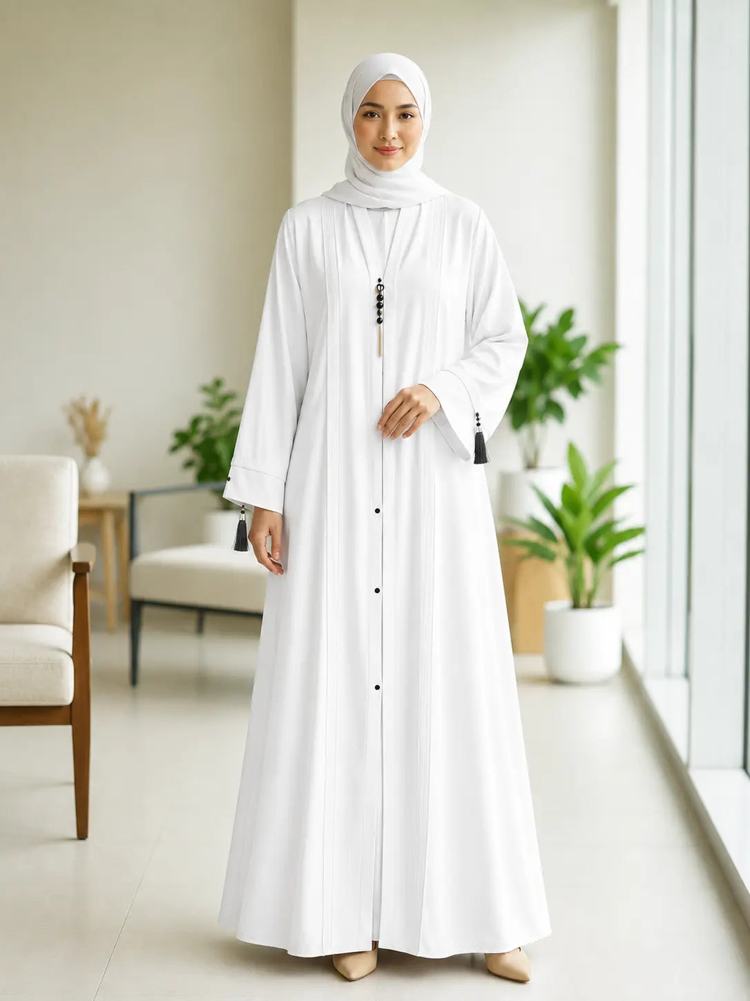Ivory Abaya with Contrast Tassel Charms