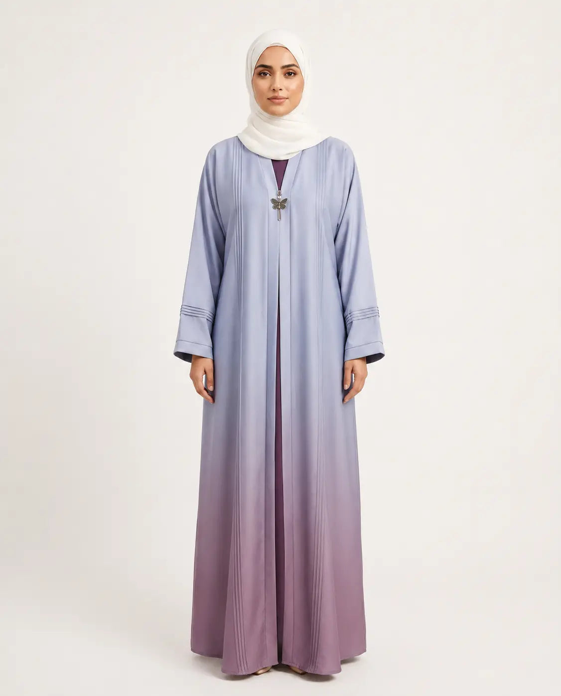 Dusk Blue Ombré Open Abaya – Mauve Hem
